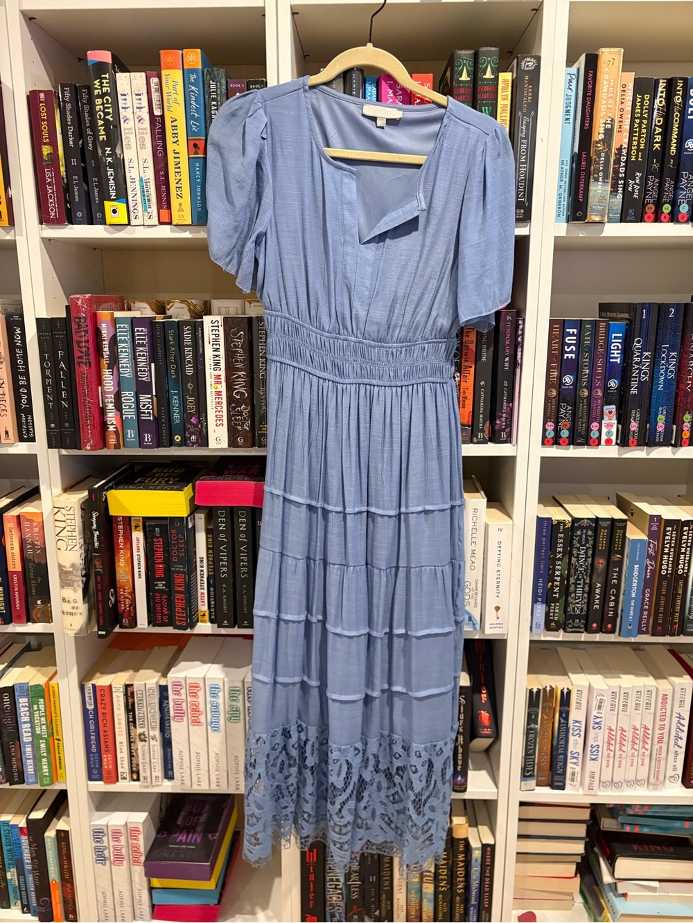 Light Blue Maxi Dress with Lace Hem — Women’s Tiered Summer Maxi
